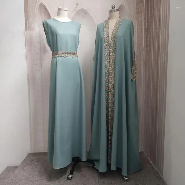 Roupas étnicas luxuosas de alta qualidade abaya 2 peças conjuntos de festas dubai vestidos de noite eid muçulmano manto islâmico kaftan peru meio meio