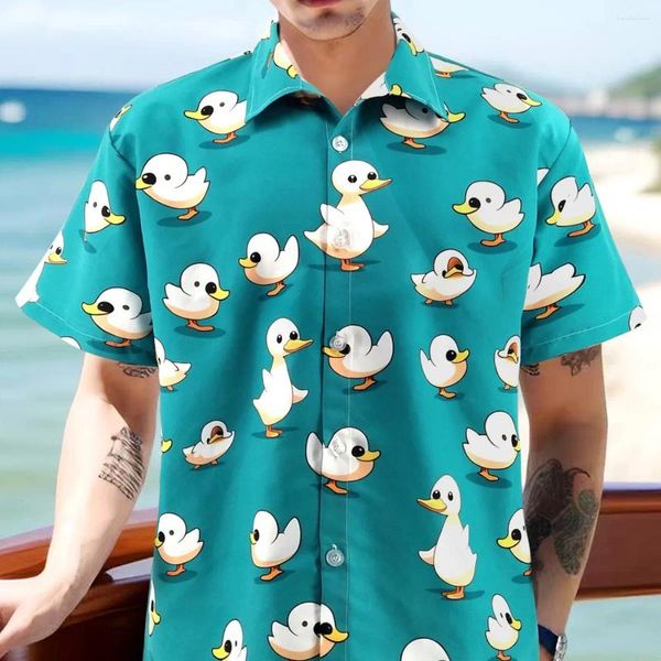 Camisas casuais masculinas patos fofos impressão de camisa havaiana de pavão solto pavão de férias de praia ao ar livre de férias curtas Man Blossom