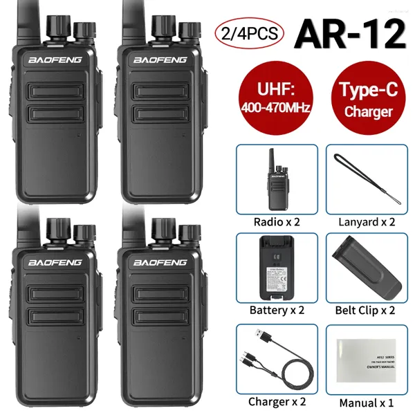 Walkie Talkie 2/4pcs Baofeng AR-12 Talkies UHF Frequência de cópia sem fio de longo alcance 400-470MHz Tipo-C Radio portátil portátil