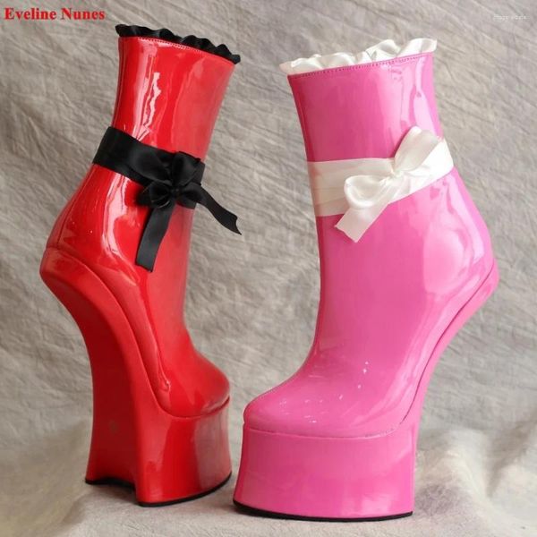 Stiefel Red Bow -Knöchel Frauenankunft 2024 Solid Heelless 18cm Ferse Runde Zehen Patent Leder Nachtclub Cosplay Sexy Schuhe