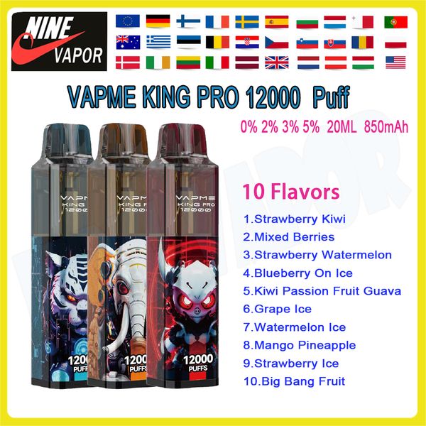 Otantik Vapme King Pro 12000 Puflar Tek Kullanımlık Vape 10 Lezzetler 20ml Önceden doldurulmuş Cihaz 850mAh Tip-C Şarj Edilebilir Pil 1.0 Örgü Bobin 12K E Sigara