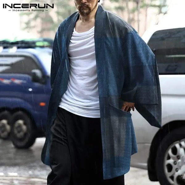Camicie incerun uomini camicie cardigan reciproche vintage a manica lunghe a manica aperta tasche per il tempo libero Kimono