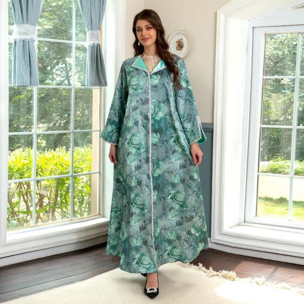 Abbigliamento etnico Donne sciolte Maxi Muslim Abito Musulmano Floral Stampato Satina Fulta Abayas Abayas Abita