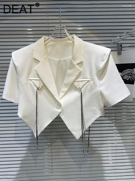 Ternos femininos Blazer botão único Branco de manga curta Correntes de metal de colarinho de colarinho entalhado Jackets 2024 Moda de verão 29L7346