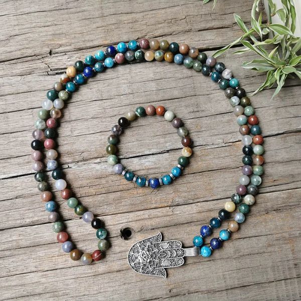 Colares de 8 mm de malha de mala indiana de Onyx, colar de mala apatita, pingente de lótus encantador, jóias de meditação, mala unissex, presente de ioga, 108 contas de mala