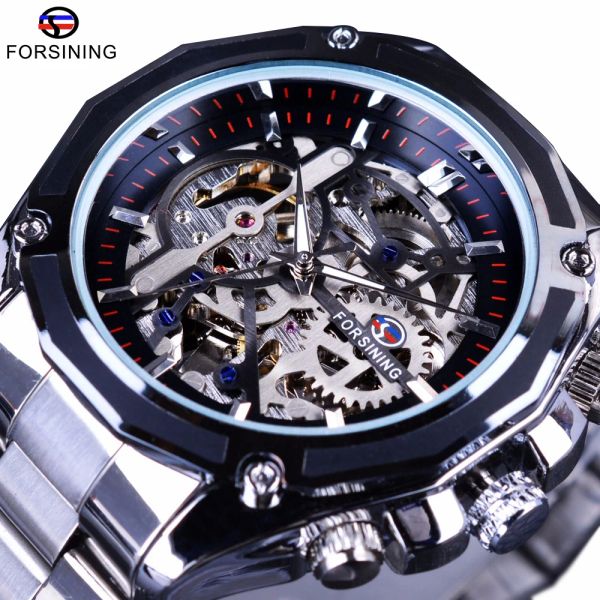 Relógios Forsinando Mecânicos Steampunk Moda Male Male Male Watch Men Assista Top Brand Brand Luxury Stainless Steel Automatic Skeleton Watch