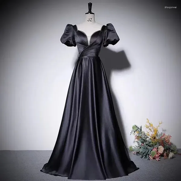 Vestidos de festa vestido preto roupas femininas cor sólida cor em V cravejada com mangas bufas de miçangas longa saia A-line elegante vestido de noite M159