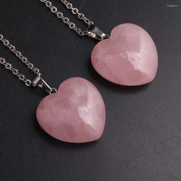 Correntes de alta qualidade 25 mm de cor de pedra natural em forma de rosa -rosa quartzo ametista pingente charms jóias para mulheres presentes de amor sortudo