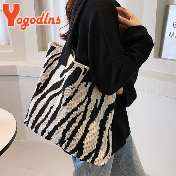 Baldes iogodlnss tricô de inverno mole de tecido de fábrica de ombro de zebra bolsa feminina de grande capacidade Shopper Shopper Hobos