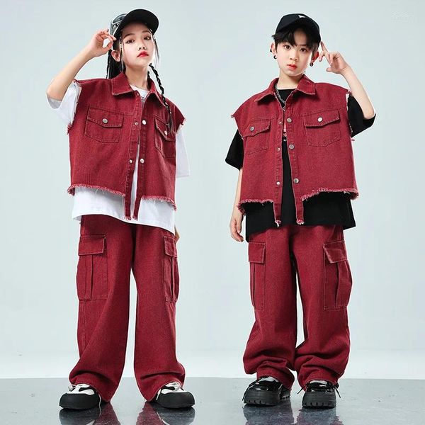 Stage Wear Boys Hip Hop Abbigliamento rosso jessine rossa pantaloni cargo femminile gitcot danza da ballo per bambini giacca senza maniche