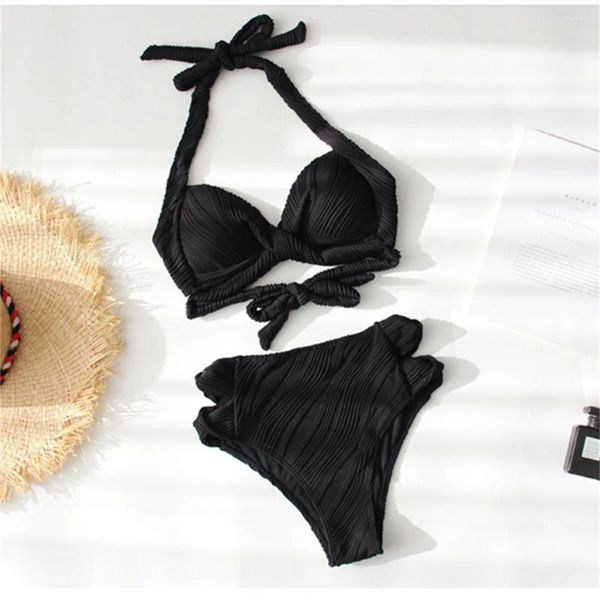 Menas de banho feminina Twist Twist Hollow Out High Biquíni Biquíni Black Sexy Halter Bandagem Basa Backsuit Férias Mulheres Mulheres de Banho de Banho de Banho