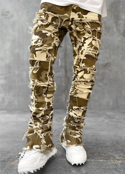 European Camo Hosen Männer High Street Slim Fit Stretch Patched Denim Ripped Männchen gestapelt Jeans 240420