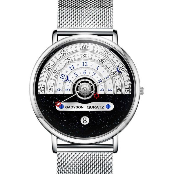 Новая звездная луна концепция черно -белая календарь часа Полукол Время показывать модные мужские часы
