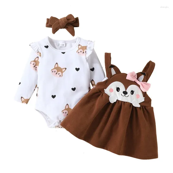 Giyim setleri doğdu bebek seti kız baskılı uzun kollu bodysuit üstler çizgi film yay elbise 0-18 ay sonbahar kış bebek kıyafetleri