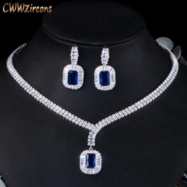 Ожерелья Cwwzircons Bling Square Drop Thank Blue Cubic Cirger Collece и Серьги Женские ювелирные изделия для свадебных невест T507