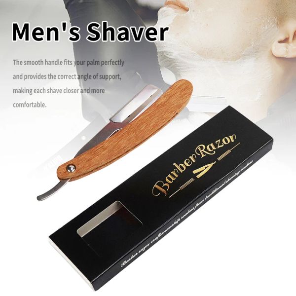 Лезвия натуральная деревянная ручка, мужчина, прямая бритва, смены бритья лезвия.