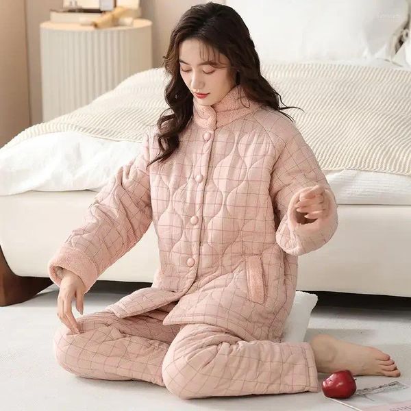 Frauen Nachtwäsche 2024 Herbst Winter Ladies Pyjamas Baumwolle gepolstert dreischichtig