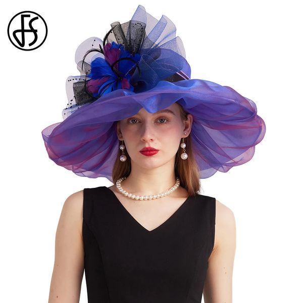 FS Purple Organza Carnival Cap Hats for Women with Mesh Flower Wedding Bride Church St Patricks Fedoras 240401