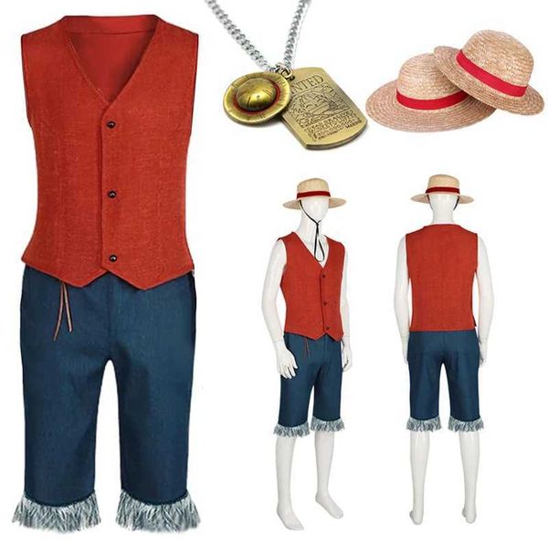 Anime -Kostüme Luffy Cosplay Monkey d Luffy Come Red Vest Shorts Hut Seil Anime Outfit Erwachsene Männer für Hallown Party Y240422