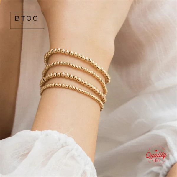 Bangle Real 14k Gold, заполненные круглыми бусинками, браслеты, золотые плавные бусины 3 мм 4 мм 5 мм 6 мм браслеты винтажные женские ювелирные изделия Boho