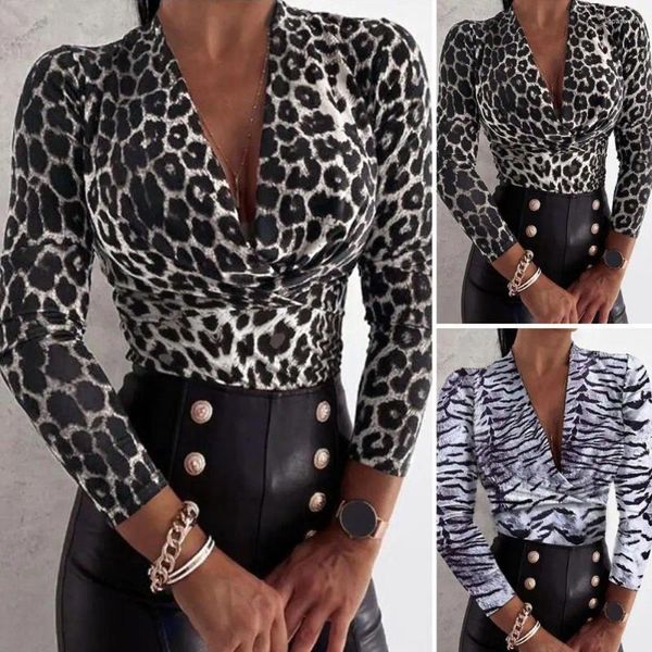 Женские блузки элегантная сексуальная женщина топ -леопардовый/тигр Принт V -шея блузя женская одежда для осени с оберточной детализацией Slim Fit Leopard