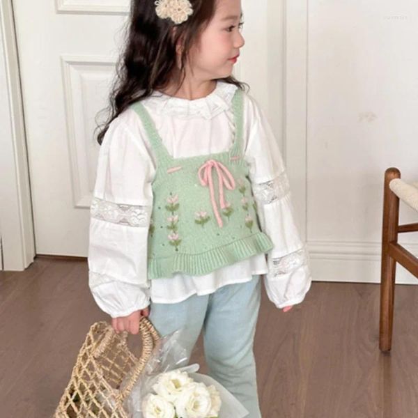 Комплекты одежды для девочек Blouse Vest Kids Suits 2pcs/Set Cotton 2024 Ретро весенний осень осенний костюм подростки дети дети