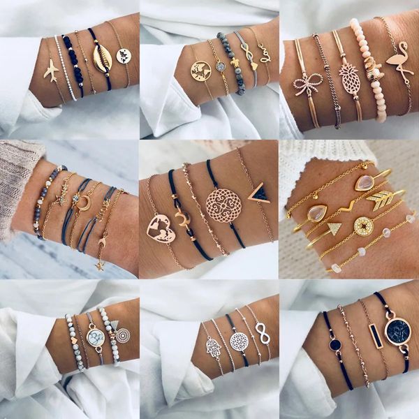 Design Vintage Women Boho Bracelets Set Moon Shell Heart Tortoise Charme Perlen Ketten Armreif für weibliche Bohemian Schmuck 240418