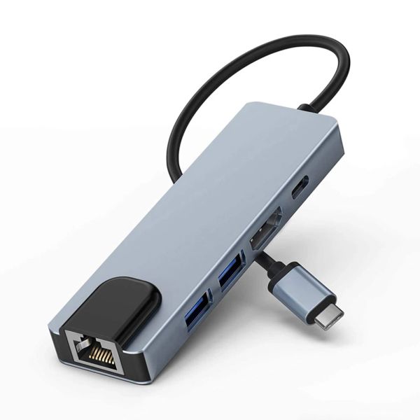 Hubs 5 in 1 Hub Tipo C Tipo C Adattatore multiport Hdmicompatibile con output USB 3.0 2.0 RJ45 Ethernet USB C PD Porte di ricarica