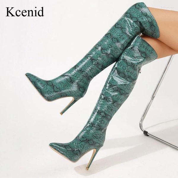 Boots Kcenid Green Snake Print Over the Knee Women Low Heels Sapatos de Senhoras Autumn Winter Boot Feminino Bombas Sexy