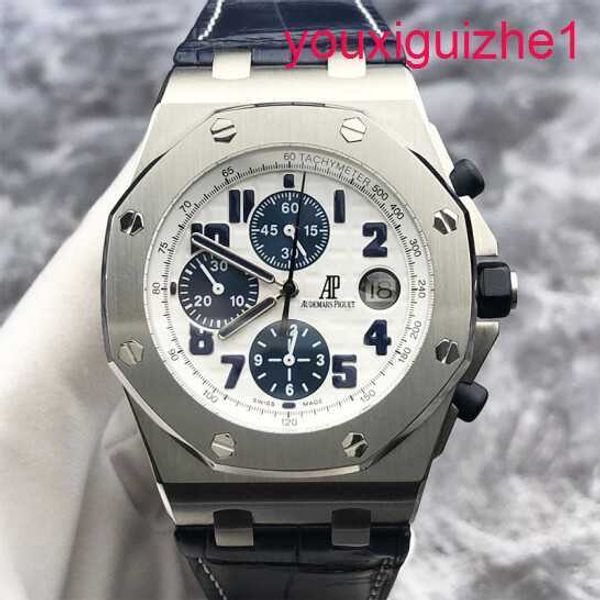 AP feminino assistir Royal Oak Offshore Series 26170st White Face Blue Time Ring Mens relógio de 42 mm de forma mecânica automática