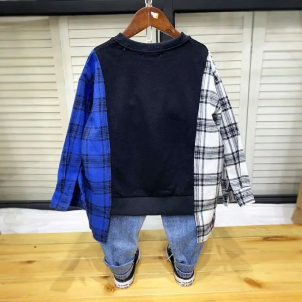 T-Shirts Schwarz weiß blau Plaidbluse-Hemden für 8 10 12 Jahre Kinderjungen Langarm koreanischer Taschenkarschen Pullover Jacken