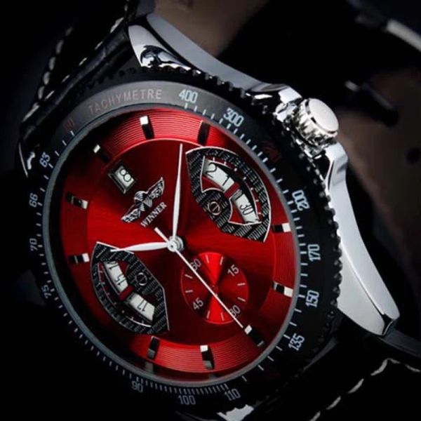 Kits vencedores homens Menas de moda Mecânica assistir Leather Strap Sub Dial Data Display Tacomômetro Top Brand Brand LuST Wrist Watch