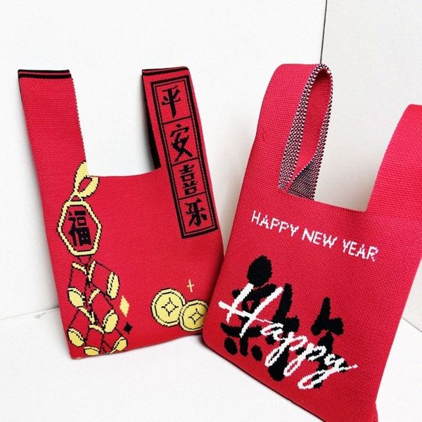 Drag Strick Handtasche Fi wiederverwendbare Shop -Taschen mit großer Kapazität Neujahr Lucky Bag Knot Handgelenk Tasche E49D#