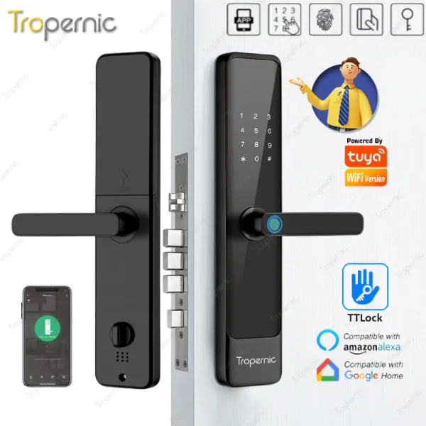 Controle WiFi Tuya App Controle remoto Remoto Biométrico Biométrico Print Password Card RFID Desbloqueando o Smart Door Smart Fotion USB Supply Supply