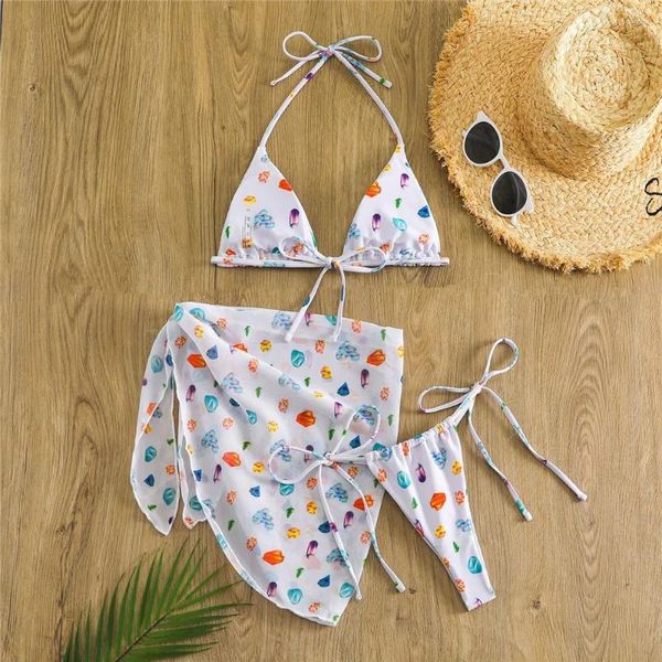 Kadın mayo bikini seti seksi değerli taş baskı üçgeni micro tanga 3 adet Sarong String Halter mayo banyo takım elbise plaj kıyafeti