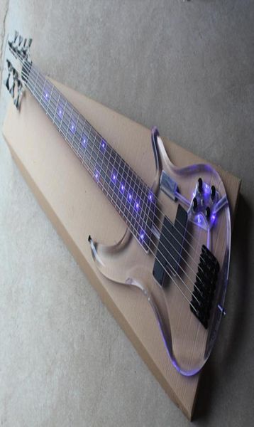 Factory Custom 7 Strings Acrylic Body Bass Guitar com circuito ativo azul hardware preto claro Oferta Personalize9672548