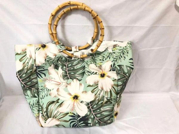Sacchetti per le vacanze estive di alta qualità spiaggia grande tela designer di borse da donna floreale di lusso con manico di bambù