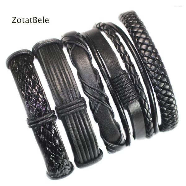 Bracelets de charme Pulseira por atacado 5pcs/lote trançado pulseira de couro preto genuíno homem multicamada pulseira masculina f46