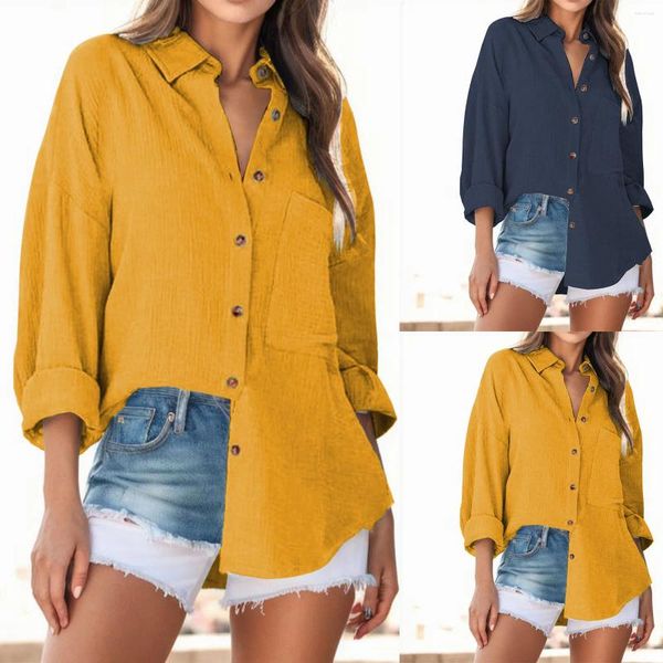 Blouses feminina botão casual lapela cardigan tops soltos manga longa capa de colarinho de colarinho e camisas amarelas de túnica para mulheres