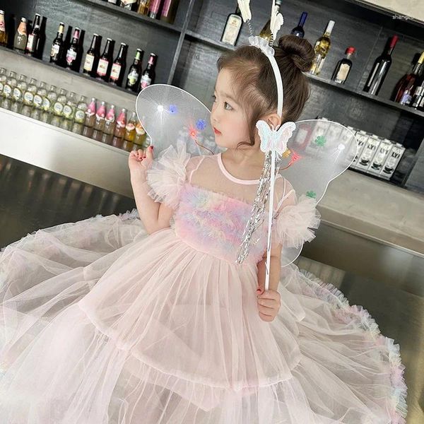 Vestido de menina vestido de menina de verão asas de borboleta leves princesas de malha de malha de moda fina para meninas