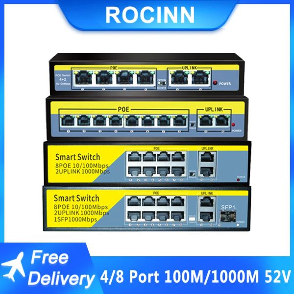 Controle Poe Ethernet 52V 100Mbps 6/10 Porta Smart Switch 4/8 Porta Poe 120W para câmera IP 250m Lightning Protection com porta Uplink/SFP