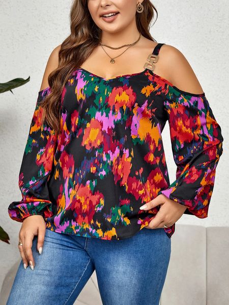 Mulheres de manga longa de tamanho grande Camisa superior v pescoço de ombro frio graffiti Bloups Feminino SupertheT Autumn Fall Roupas 240419