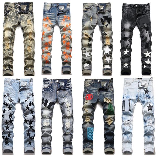 Mens Amiriri Jeans Jeans Jeans Jeans para homens European Jean Hombre Calça Bordado Biker Ripped Ripped for Trend Cotton Fashion Jeans