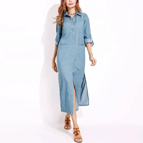Vestidos casuais botões de moda feminina para baixo vestido jeans elegante e elegante pescoço camisa longa 2024 azul sobre o joelho streetwear