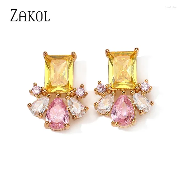 Серьги -грибы Zakol Fashion красочный цветок CZ для женщин квадратный кубический цирконий для девушек для ушей свадебные украшения