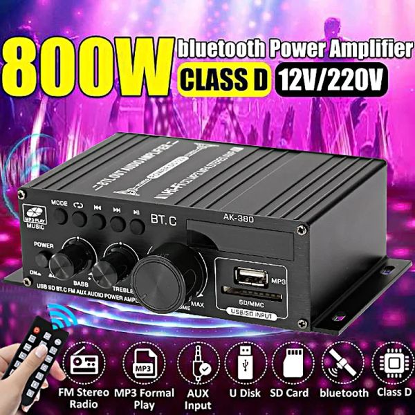 Verstärker AK380 800W Bluetooth -Verstärker HiFi Audio Karaoke 2 Kanal Home Theaterverstärker Power Class D Amplifier USB SD Aux Input