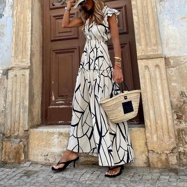 Abiti casual Donne Stampa di moda Boho Maxi Dress Estate V Neck Cufferfly Maniche ad alta vita Elegante spiaggia femminile Flowy Flowy Long