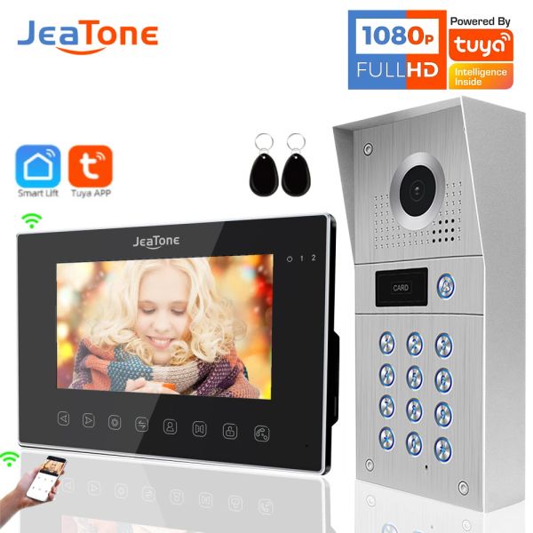 Kameralar Jeatone 7inch WiFi Video Intercom 1080p Kamera Giriş Kapısı Kodlayıcı Geçidi Kimlik Kart Kilidi ve Hareket Algılama Balık Gözü