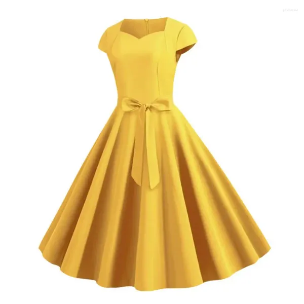 Vestidos casuais vestido de cocktail retro princesa estilo midi com pescoço de pescoço com cinto de arco decoração de linha grande design swing para mulheres