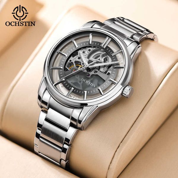 Ochstin Fashion Sports Multi funcional totalmente automático Relógio mecânico Banda de aço calendário oco Holendar Mechanical Mens Watch